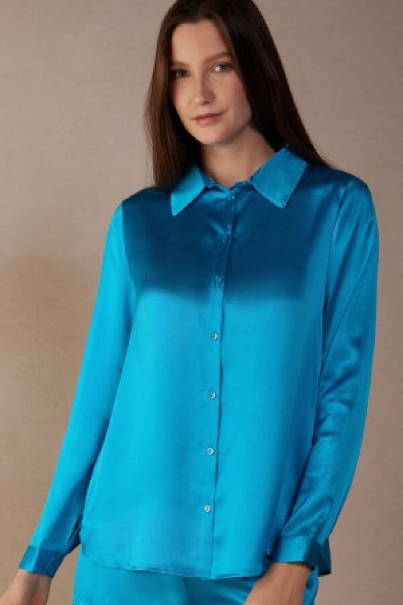 Intimissimi Long Sleeve Silk Shirt Blå | XDKGW94751